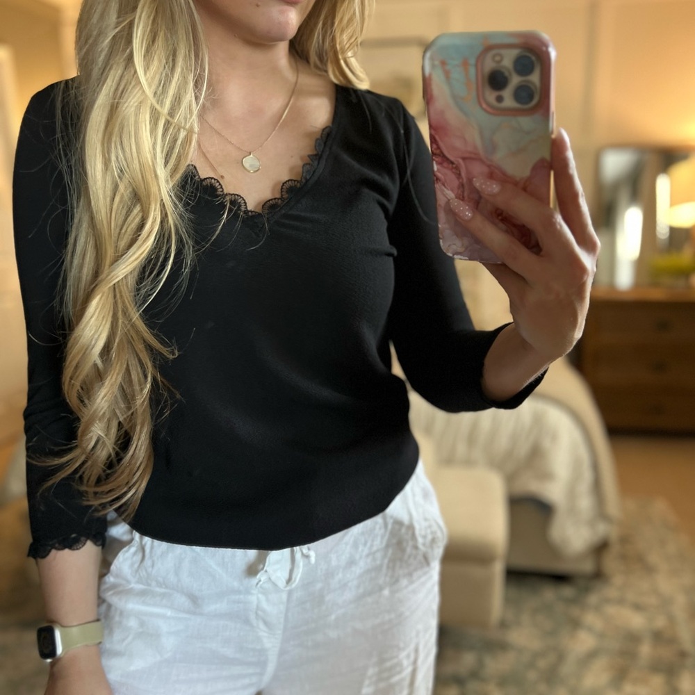 Sezane Black V-Neck Lace Blouse